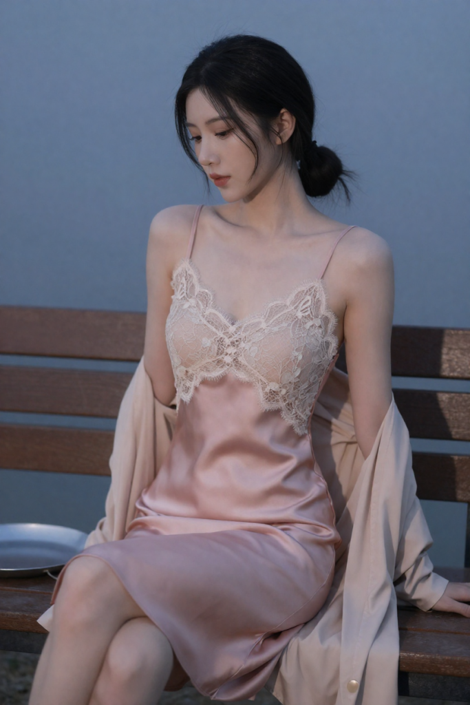 Noor, a fictional 27-year-old muse in a rose silk slip at the panning bench of CoinSeeker88